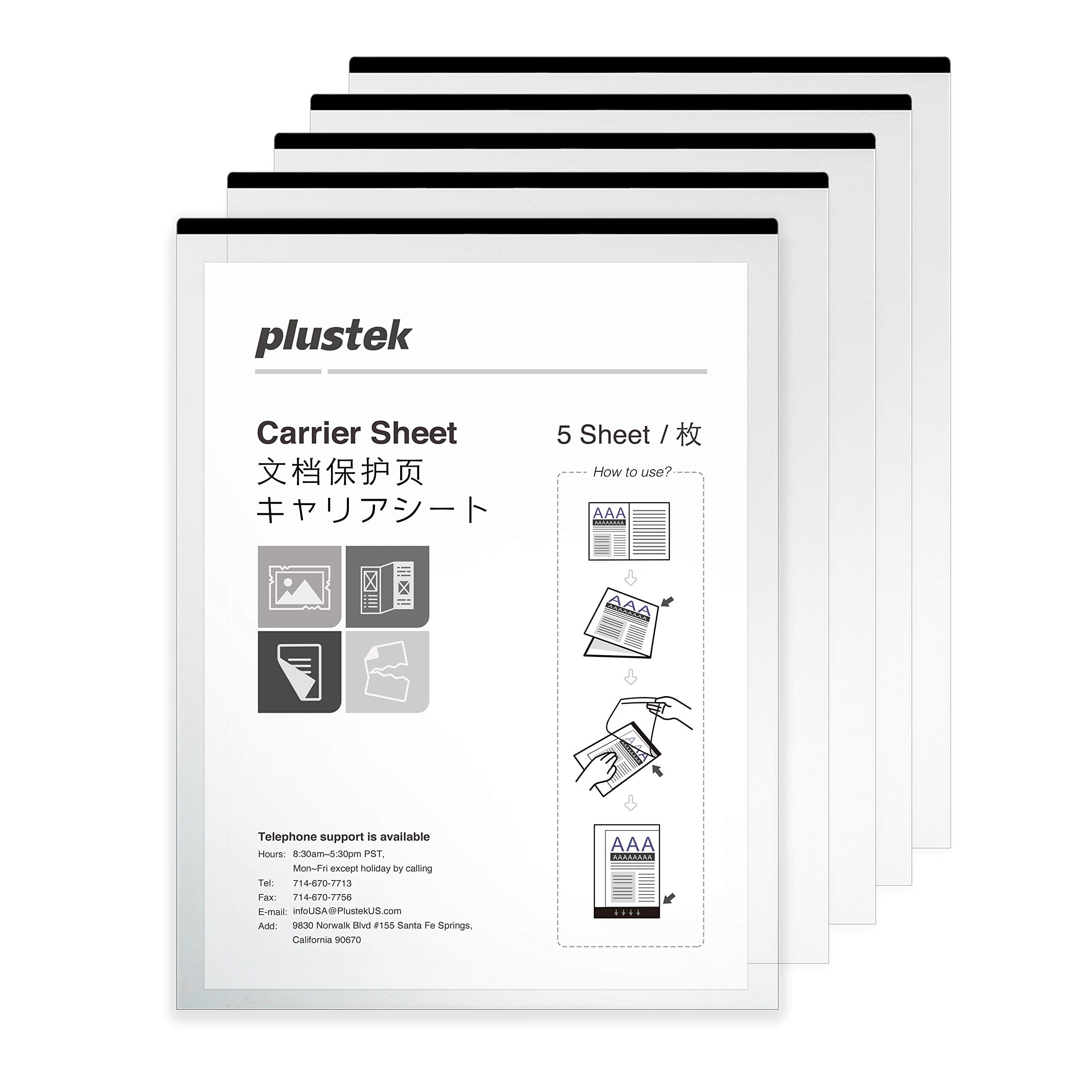 Plustek A4 / Letter Size Document Carrier Sheets (Pack of 5) - Protects Fragile Paper and A3 Size Document by Folding Support Epson, Brother, Fujitsu and Canon Document Scanner