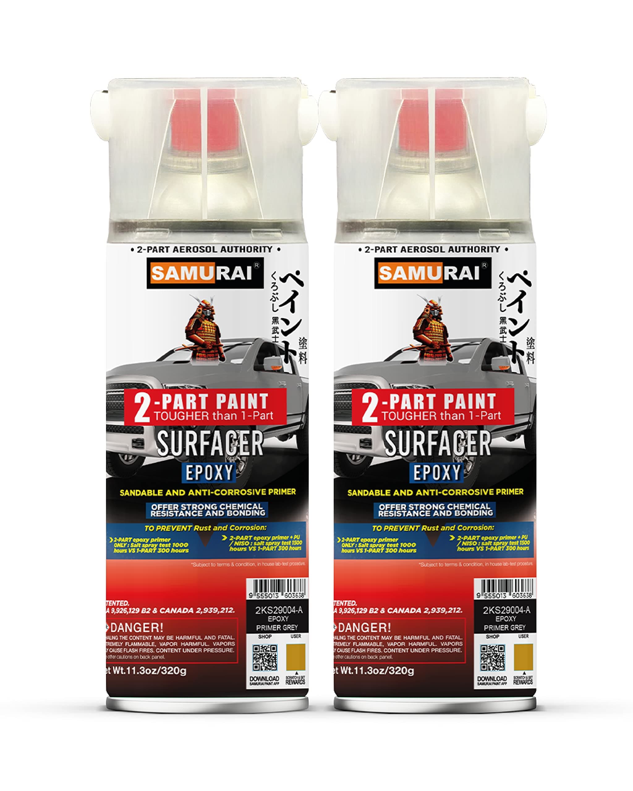 SAMURAI 2-Part Epoxy Primer for Car Surfacer Spray Paint (Metal Primer Red Oxide, Pack of 2 Cans)