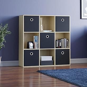 Vida Designs Durham Cube Bookcase Storage Organiser Living Room Bookshelf Home Office Furniture (9 Cube & 5 Black Baskets, Oak)