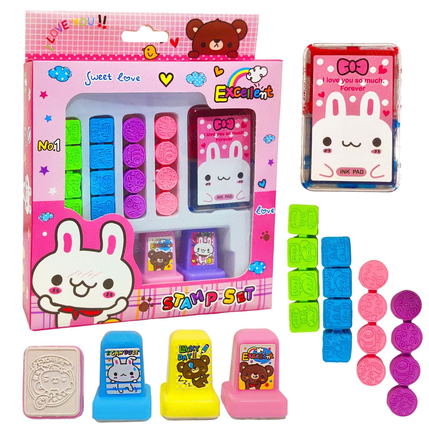 FunBlast Rabbit Theme Rubber Seal Stamp Kit – DIY Coloring & Stamping Set with 16 Small Stamp, 4 Big Stamp, 2 in 1 Ink Pad for Art and Carft, School Supplies, Educational Toys for Girls, Boys (Pink)