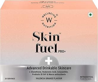 - Wellbeing Nutrition Skin Fuel Pro+ | Glutathione, Vitamin C, Astaxanthin, Probiotic Bl-04® |Cliically proven to reduce Pigmentation, Dark Spots & Signs of Aging | Valencia Orange Flavour | 28 Servings