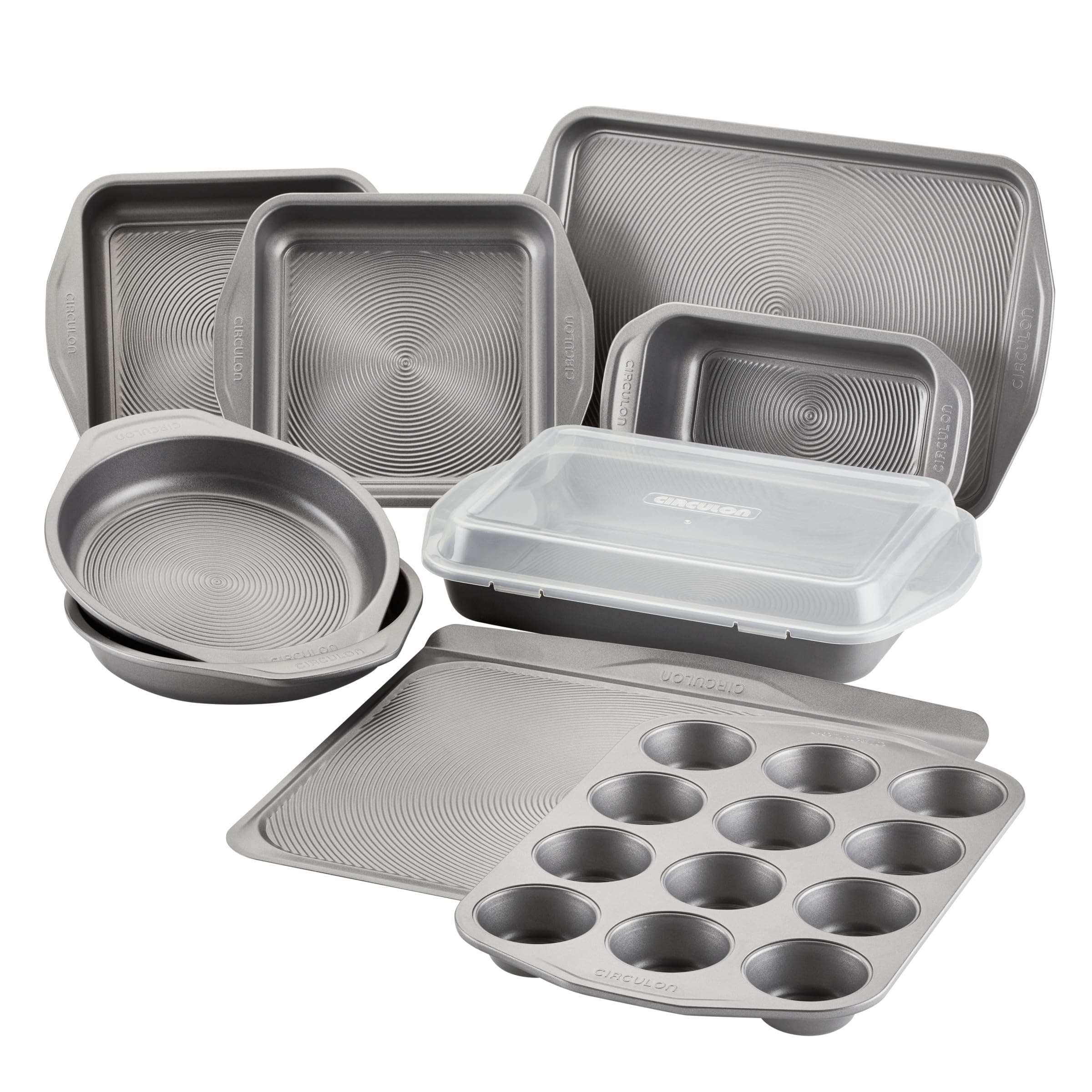 Total Nonstick Bakeware Set with Nonstick Bread Pan, Cookie Sheet, Baking Pan, Baking Sheet, Cake Pan and Muffin/Cupcake Pan - 10 Piece, Gray