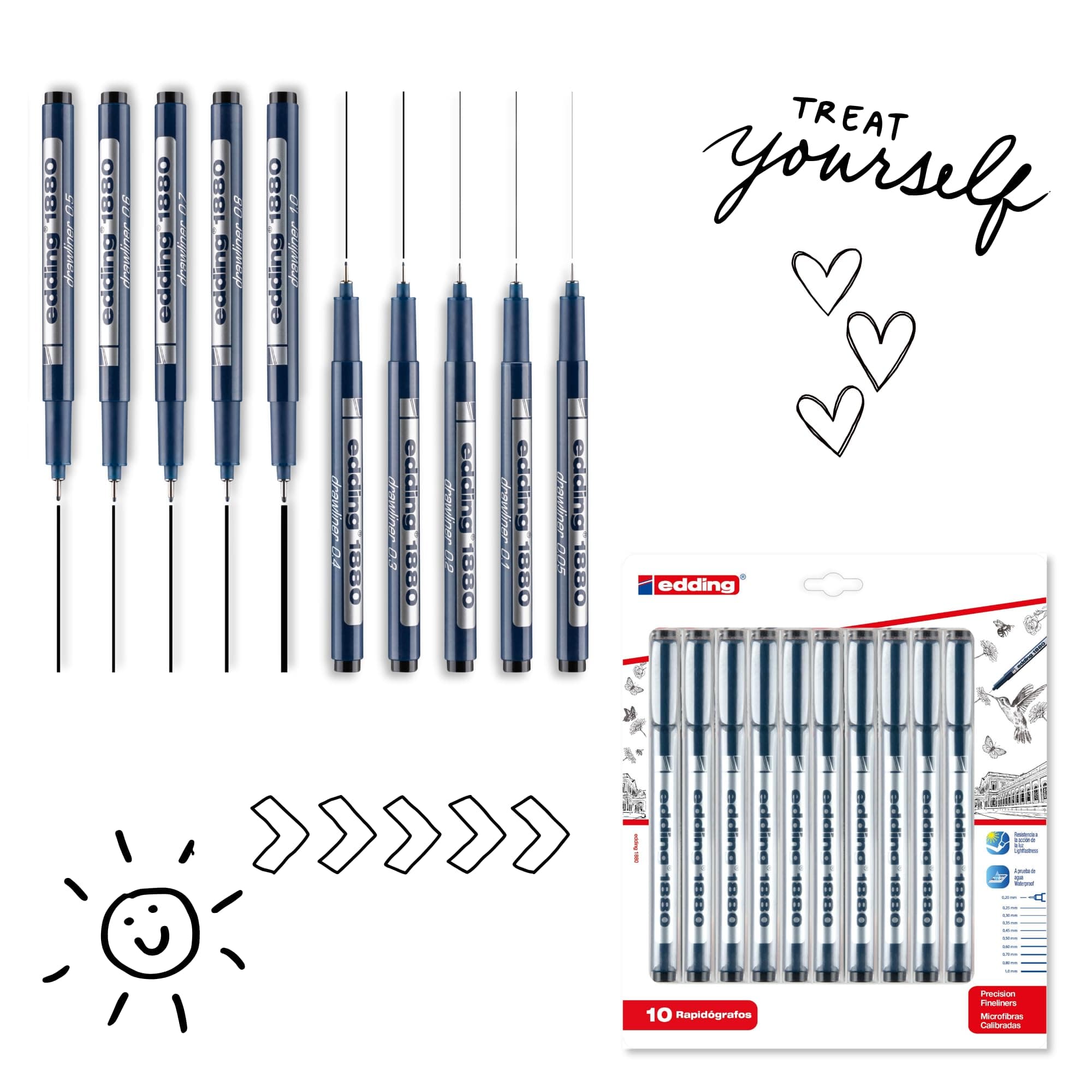 1880 Drawliner/Fineliner Technical Pen Set, 10 Count, Black, 0.05–1 mm Nib Sizes