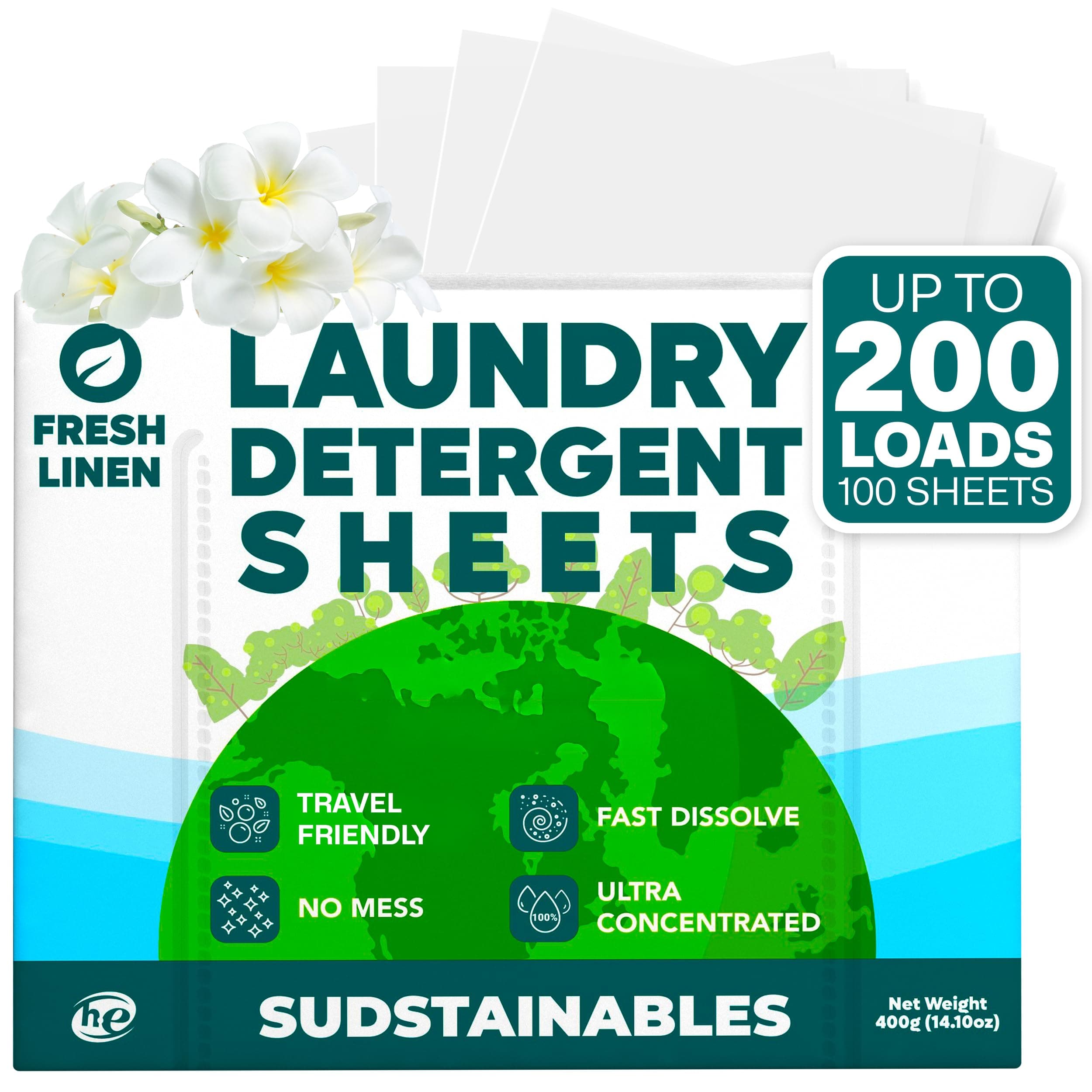 Laundry Detergent Sheets 200 Loads – Dissolvable Laundry Sheet for Washing Machines, Compact Alternative to Liquid & Powder Detergent, Travel-Friendly Soap | Fresh Linen
