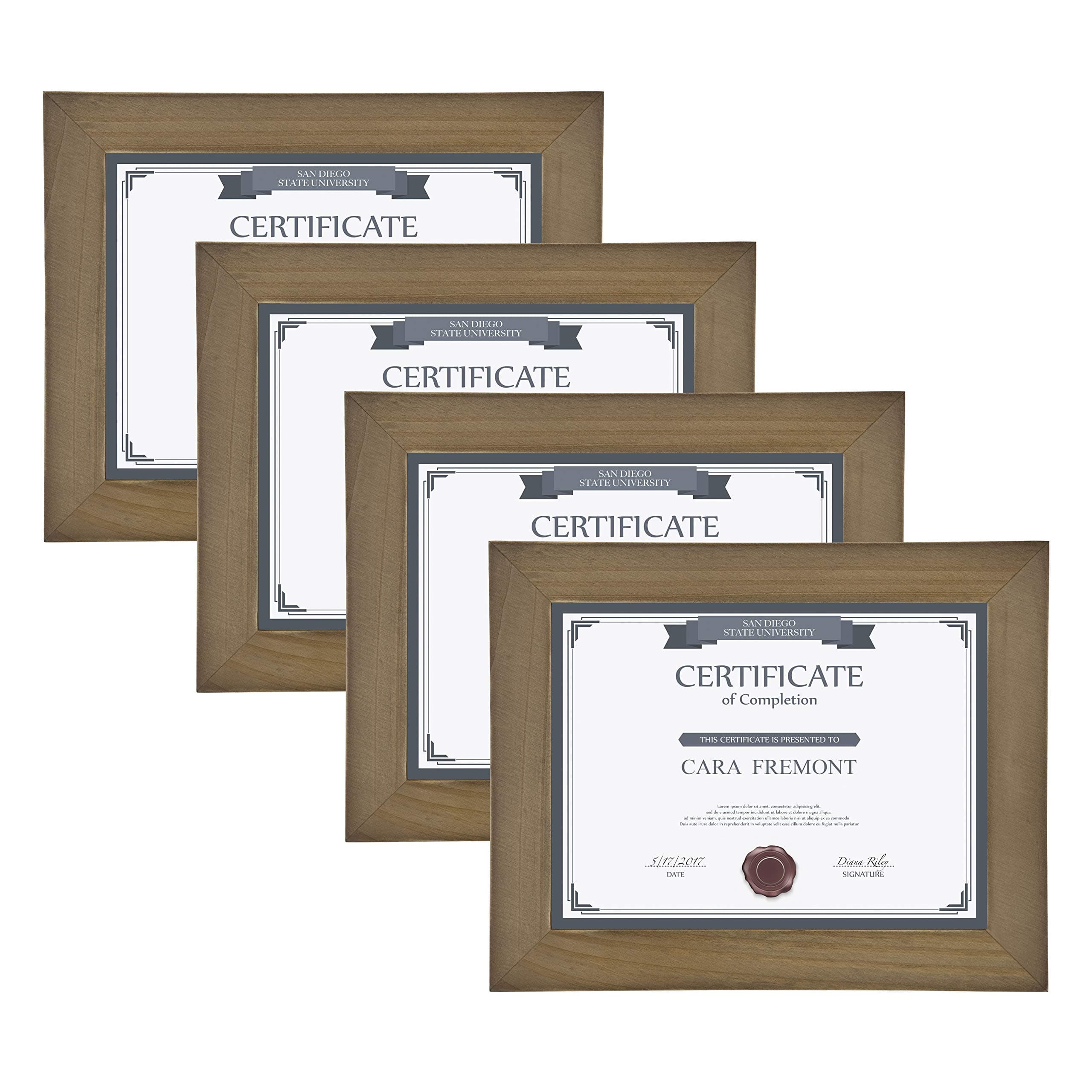 DesignOvationMuseum Wooden Traditional Document Frame Set for Customizable Wall Display, 8.5x11, Rustic Brown, 4 Pack