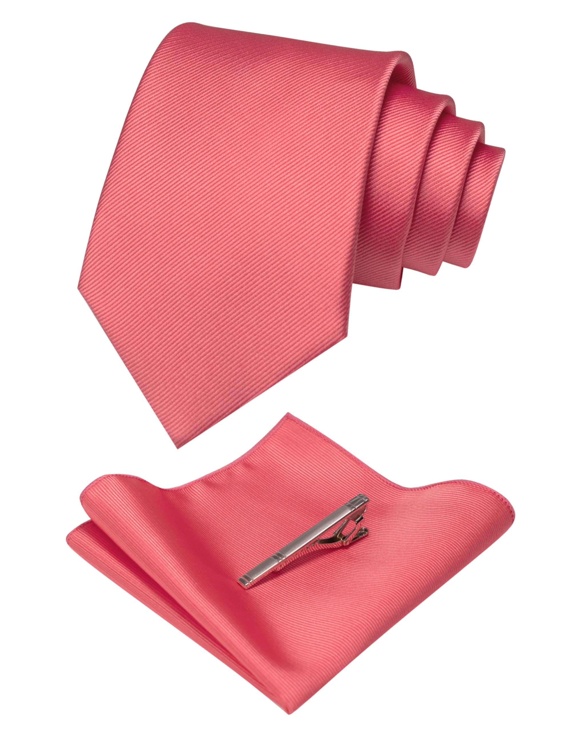Solid Color Formal Necktie and Pocket Square Tie Clip Sets for Men