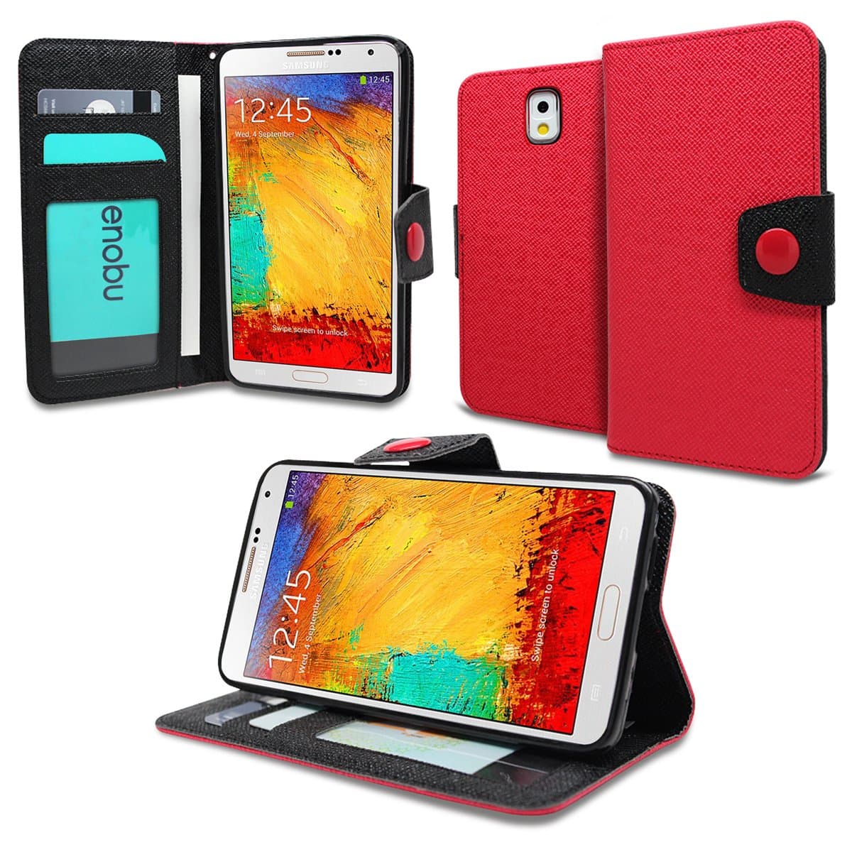 Enobu Wallet Flip Stand Case for Samsung Galaxy Note 4 - Red