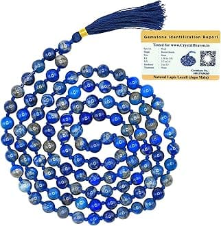 Certified Lapis Lazuli Crystal Japa Mala Ganthi - 108 Beads Buddhist Prayer Beads - AAA Grade Original Healing Gemstone Agate Mala for Yoga Meditation Spiritual Reiki Feng Shui