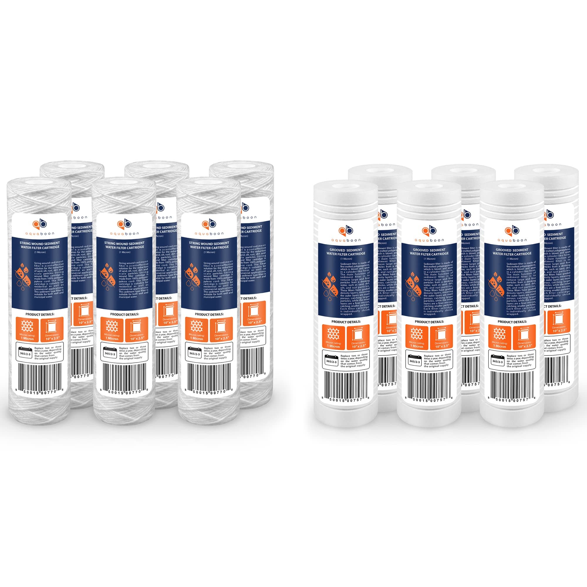 Aquaboon 6-Pack 1 Micron String Wound Water Filter Cartridge | Universal Whole House 10 x 2.5 inch Cartridges & Aquaboon 6-Pack 1 Micron Grooved Sediment Water Filter Cartridge