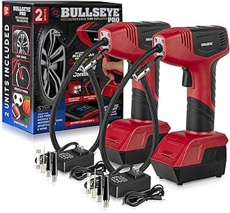 Bullseye Pro Automatic Digital Tire Inflator 150 PSI Max w/Gauge Display Screen & Pre-Set Pressure in KPA, PSI, BAR, kg/cm, Built-in LED Lights, Rechargeable, Air Compressor, Car Tire Pump Set of 2