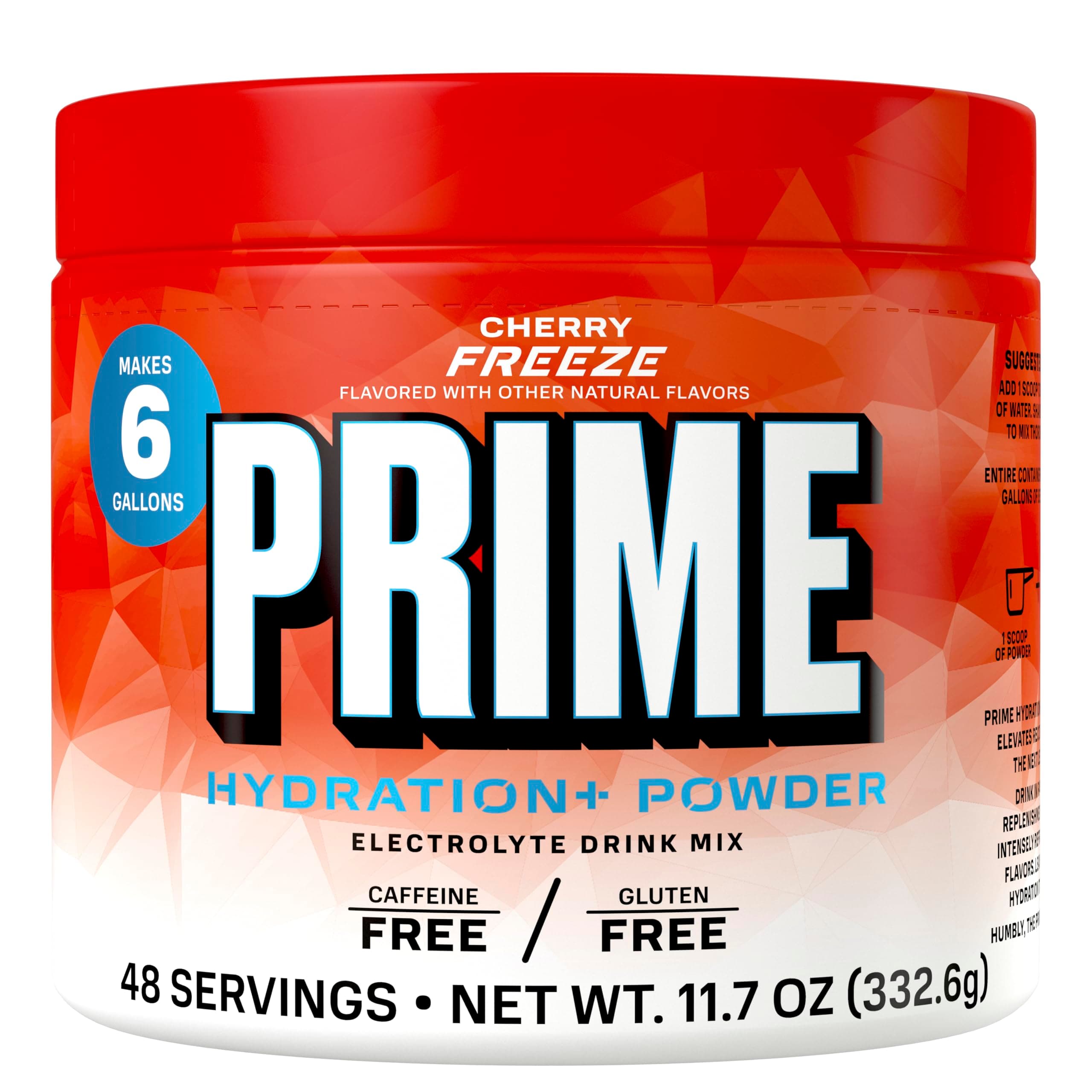 PRIME Hydration+ Electrolyte Powder, Cherry Freeze, Sugar Free Hydration Drink Mix with Potassium, Magnesium & B Vitamins to Replenish Fluids, Caffeine Free, 6 Gallon Tub, 48 Srv