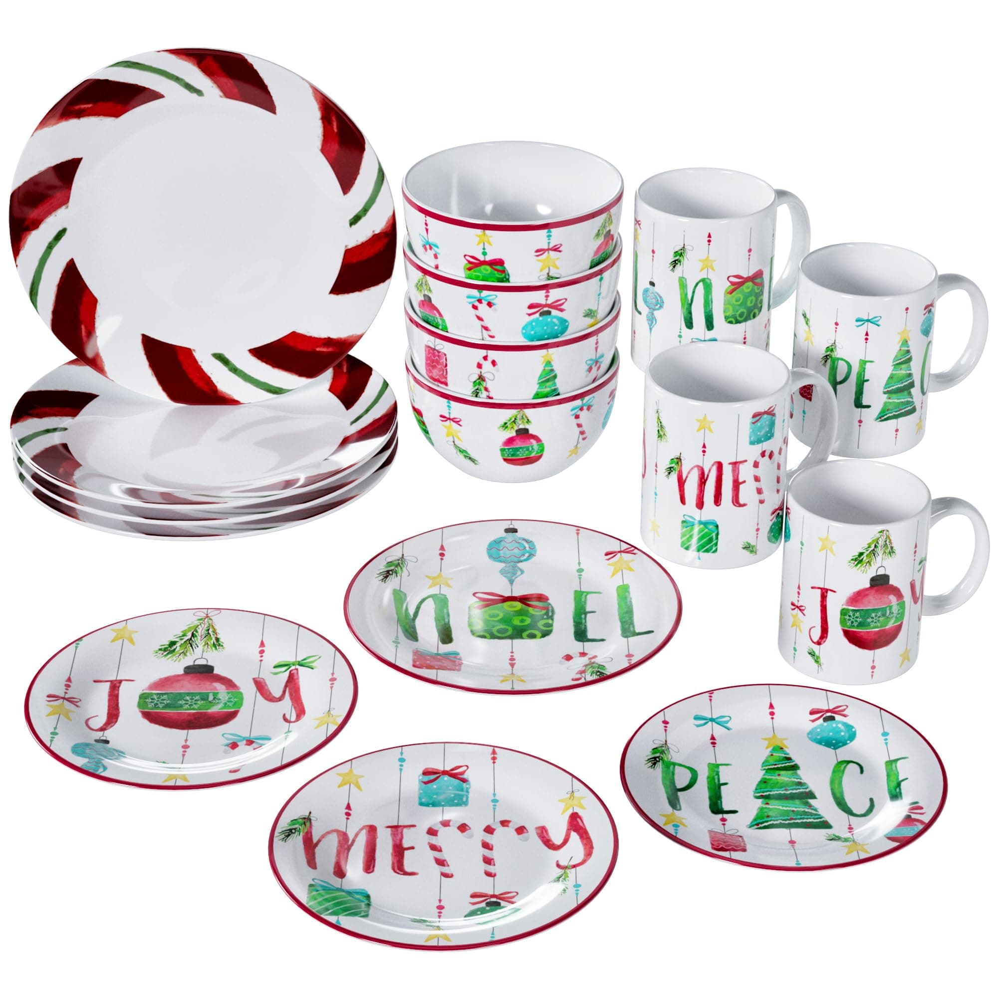 16-Piece Christmas-Themed Stoneware Dinnerware Set - Green/Red