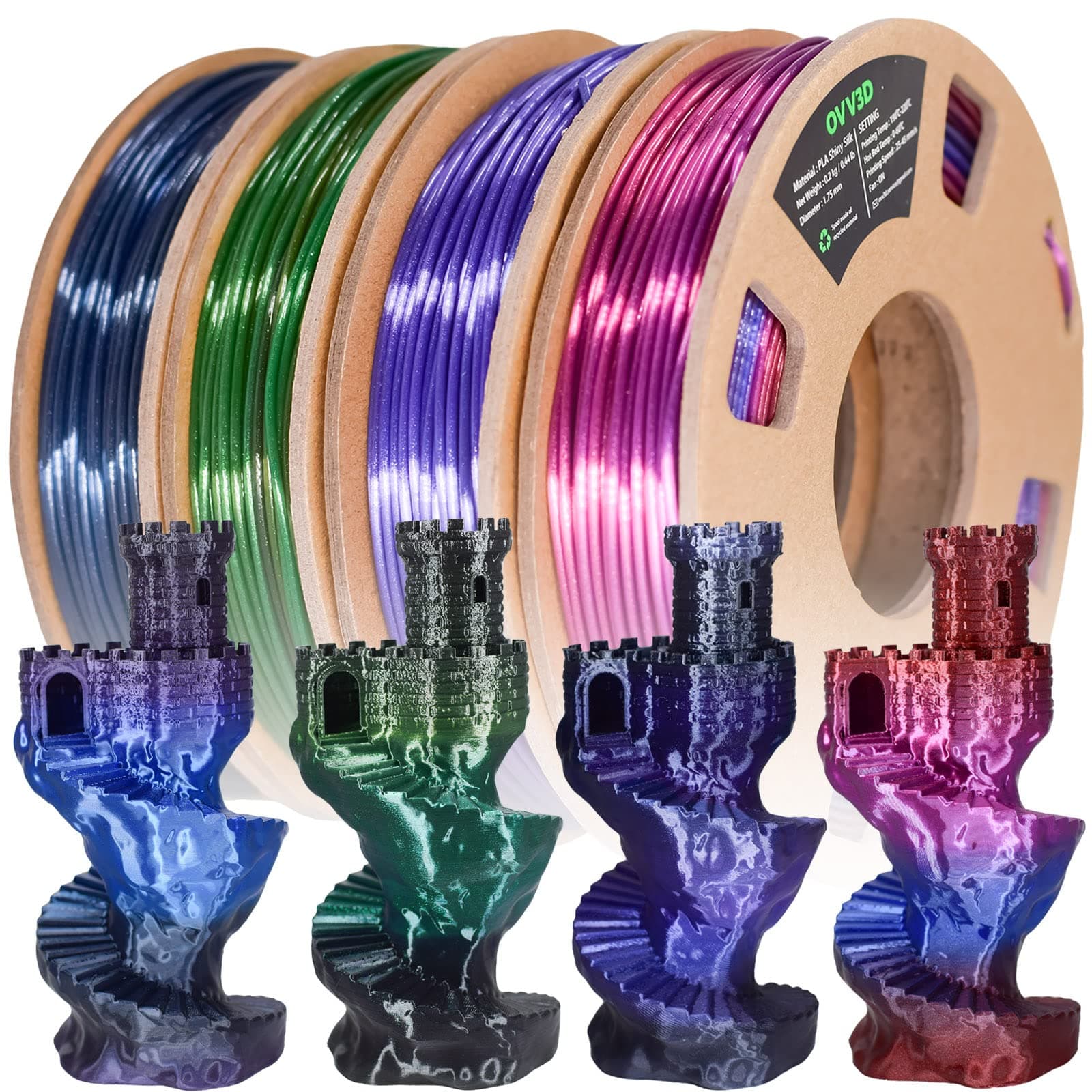 (2 Items) OVV3D 4 Pack Wood PLA & 4 Pack Black Gradient PLA Filament Bundle, Black Gradient Fialment, Wood PLA Filament, 4 * 200g + 4 * 200g