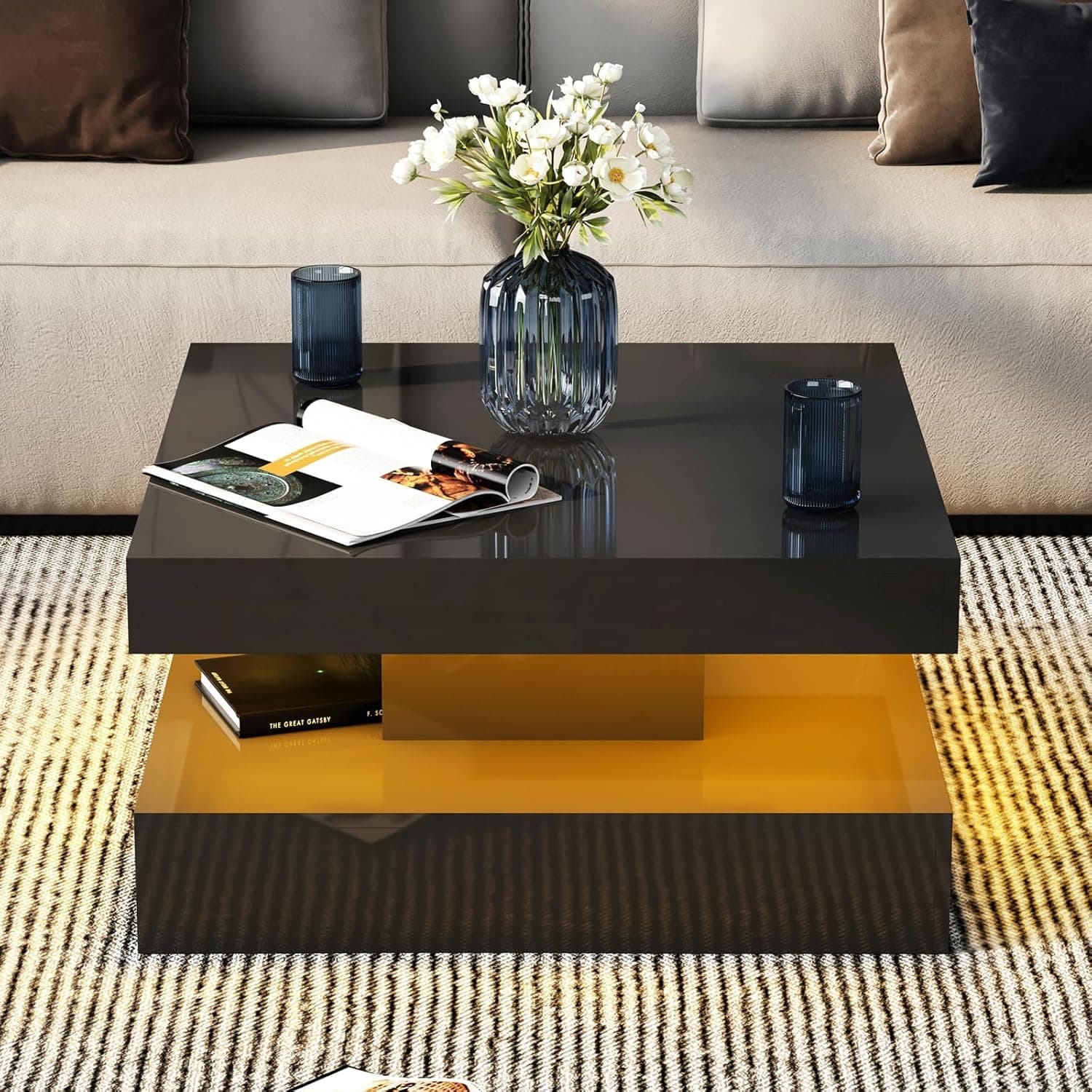 Black Glossy Square Coffee Table for Living Room, Modern Coffee Tables with Storage, LED Light Coffee Table 2-Tier Square Middle Center Table,Contemporary Wood Tea Tables for Dining ﻿