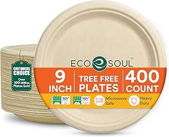 ECO SOUL Compostable 9 Inch(400-Pack) Biodegradable Heavy-Duty Disposable Eco-Friendly Paper Plates for Christmas Dinner & Parties, Wedding, Event