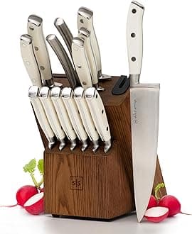 White Knife Set with Block - 14 Piece Forged Stainless Steel Triple Rivet White Kitchen Knife Set with Heavy Duty Kitchen Shears and Self Sharpening Knife Block Set