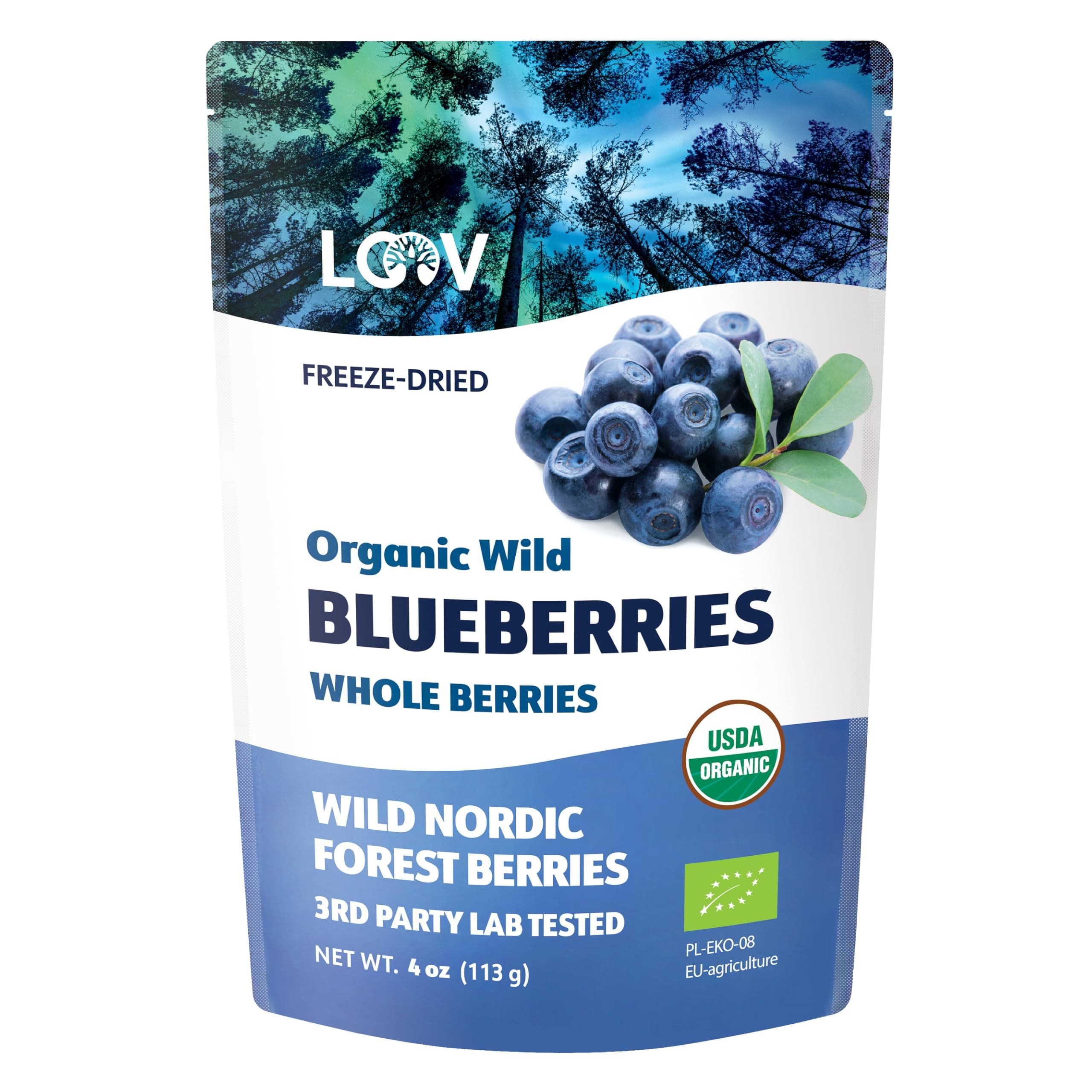LOOV Wild Organic Dried Blueberries, No Added Sugar, No Added Oil, 4 Ounces, Freeze Dried Blueberries Organic From Nordic Forests, 100% Whole Fruit Wild Blueberries, Non-GMO, Unsweetened Dried Fruit