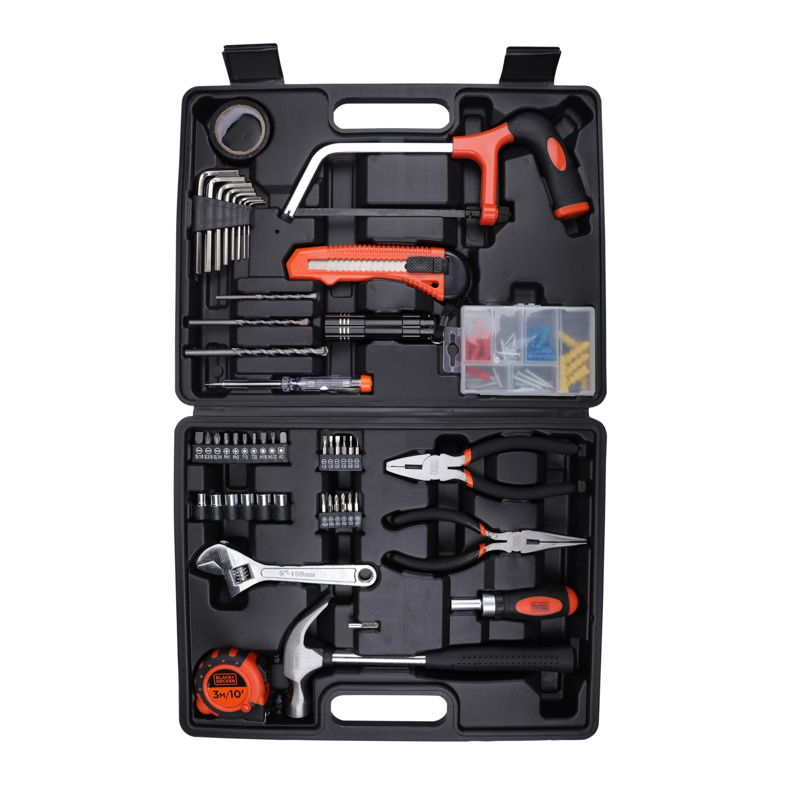 BLACK+DECKER BMT108C Hand Tool Kit for Home & DIY Use (108-Piece) - Includes Screwdriver, Wrench, Ratchet, Utility Knife, Saw, Claw Hammer, Measuring Tape and Plier, ORANGE & BLACK