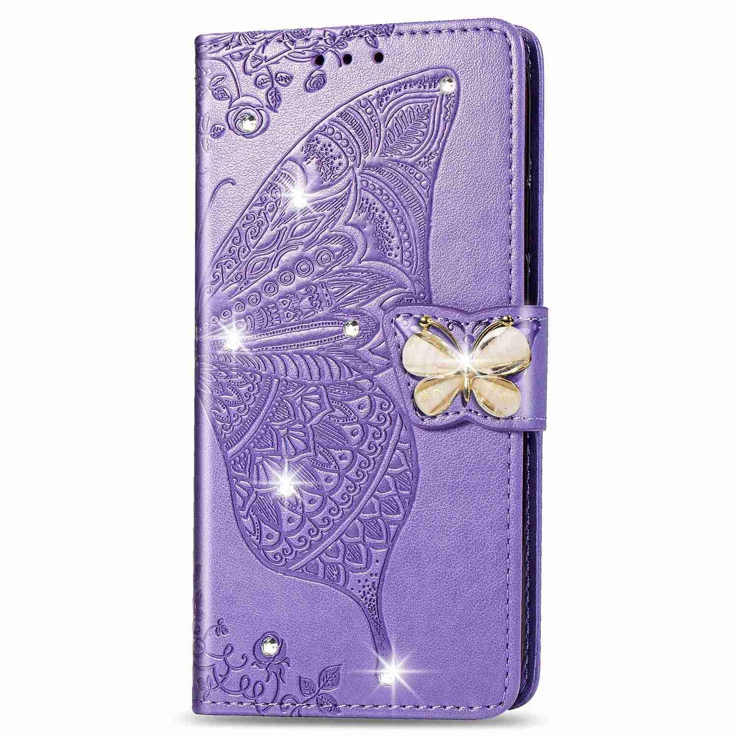 Reevermap iPhone 12/12 Pro Crystal Flip PU Leather Flip Case with Glitter, Butterfly Gems, Magnetic Closure, Card Slot, Kickstand, Light Purple