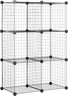 6 Cube Wire Grid Storage Organizer, Stackable Cubes, Cubby Bookcase, Display Shelf, 14" D x 14" W x 14" H, Black