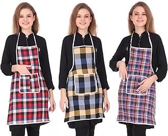 GLUN Cotton Kitchen Multi Colour Apron with Front Pocket Set of 3(Color and Design May Vary)