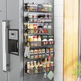 Magnetic Spice Rack for Refrigerator, 6 Pack Magnetic Shelf, Fridge Magnet Organizer with Moveable 12 Hooks, Magnetic Fridge Shelf for Kitchen Organization and Storage (6 Pack)