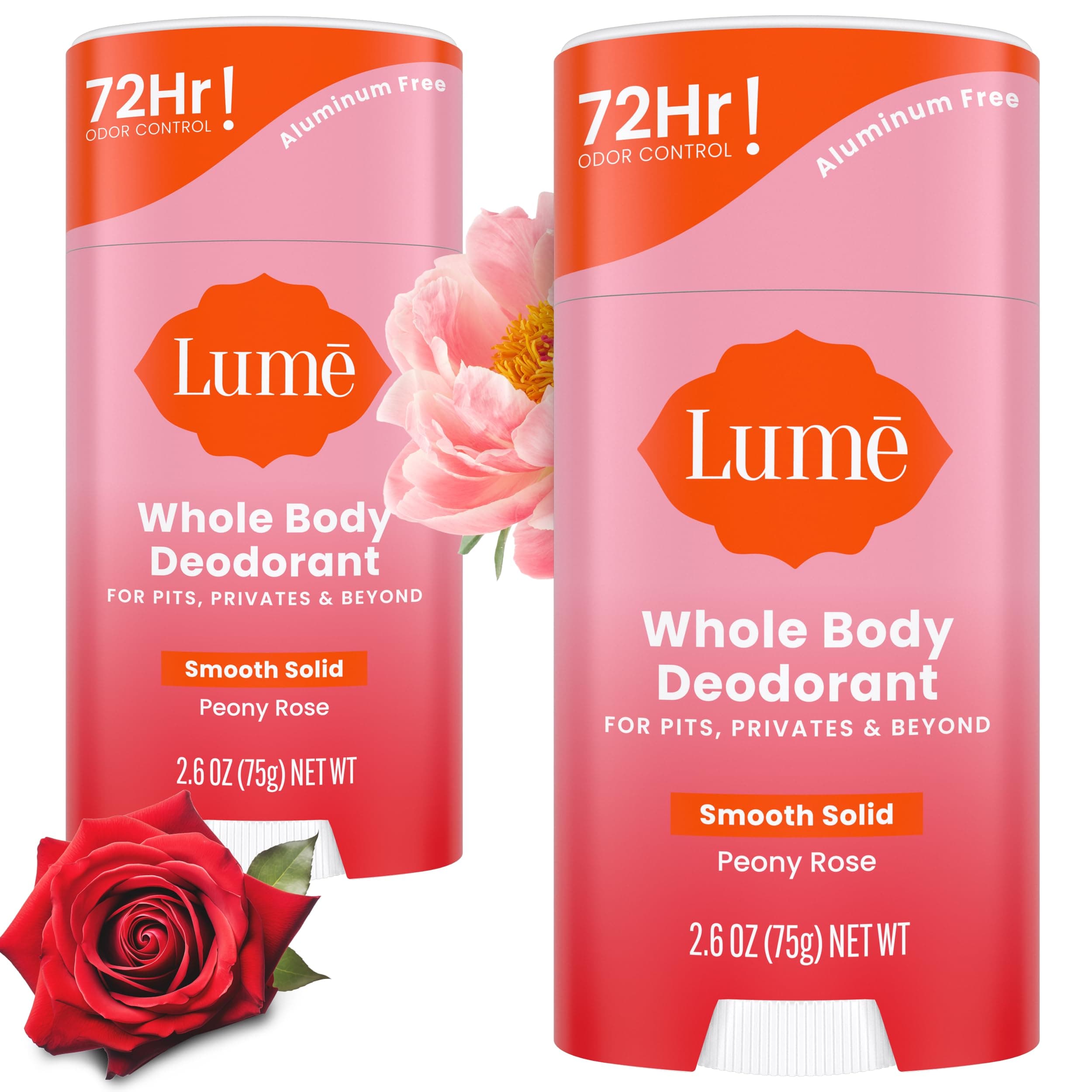 Whole Body Deodorant - Smooth Solid Stick - 72 Hour Odor Control - Aluminum Free, Baking Soda Free and Skin Safe - 2.6 Ounce (Pack of 2) (Peony Rose)