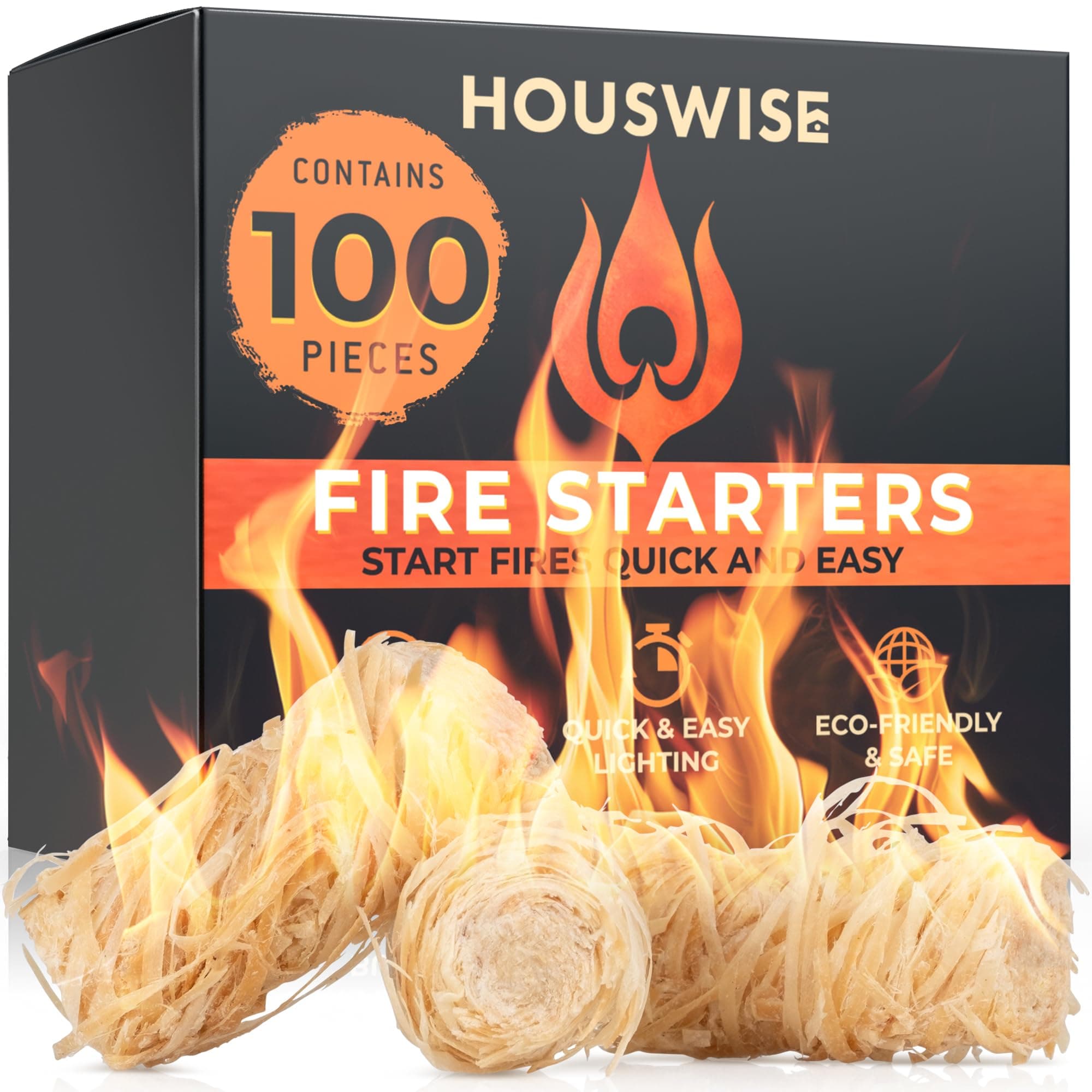 Houswise Fire Starter 100 pcs - Natural Fire Starters for Indoor & Outdoor, Firestarter for Wood Stove, Fireplace Campfires, Chimney, Grill, Pit, BBQ