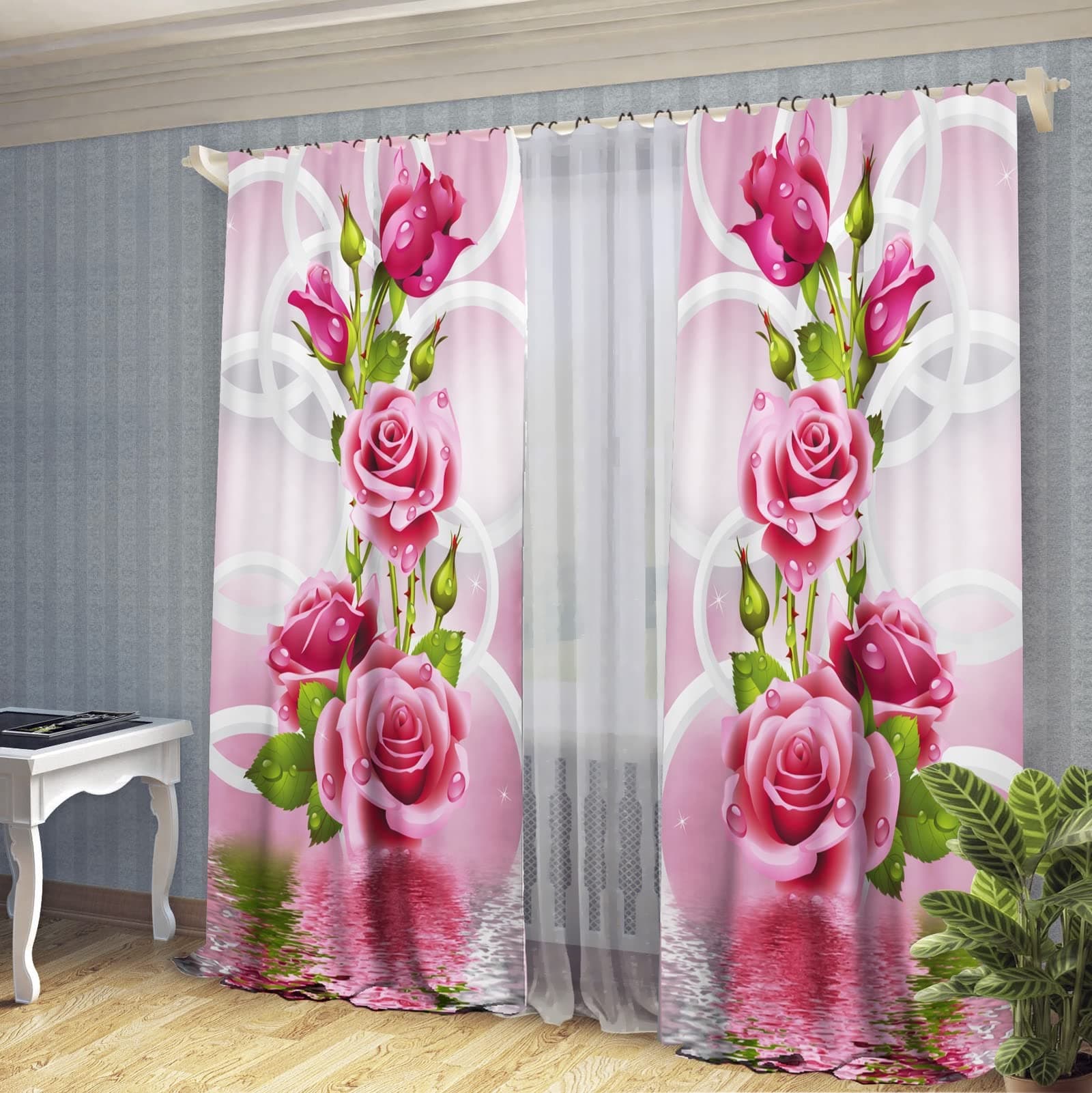 LHD HUB 3D Rose Digital Printed Polyester Fabric Curtains for Bed Room, Living Room Kids Room Color Pink Window/Door/Long Door (D.N.66) (4 x 9 Feet (Size: 48 x 108 Inch) Long Door, 2)