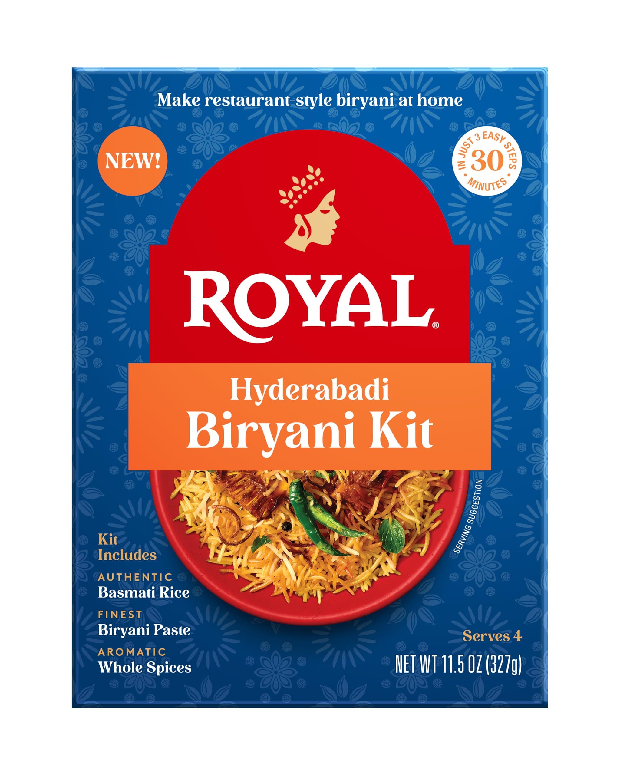 Royal Hyderabadi Biryani Kit - Authentic White Basmati Rice, Paste, and Whole Spices, 11.5 oz Box