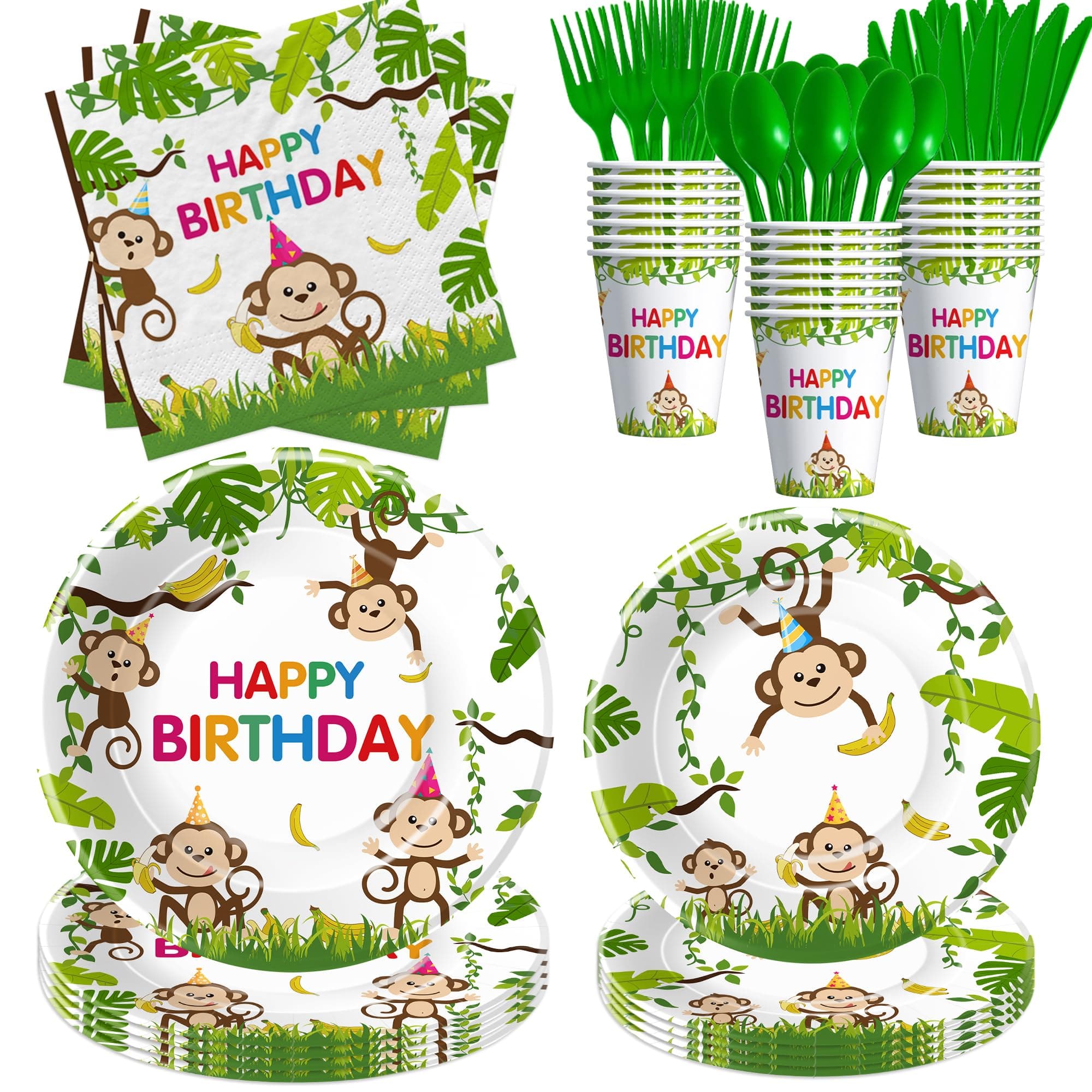 Monkey Birthday Decorations Tableware, Wild Jungle Animal Monkey Theme Party Supplies for Birthday Baby Shower, Paper Plate, Cup, Napkin, Cutlery, Serves 24