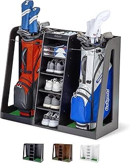 Premium Wooden Golf Bag Organizer and Storage Rack - Black, White or Brown Finish - Holds 2 Golf Bags