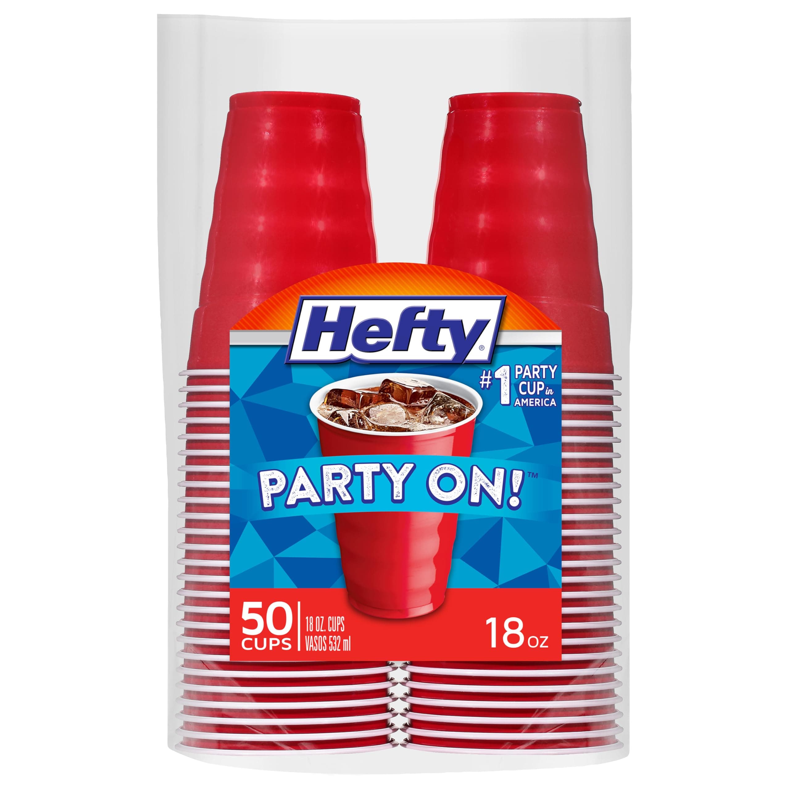 Hefty Party On Disposable Plastic Party Cups, 50 Count, 18 Oz Red Cups for Parties, Tailgates, Birthdays, Holidays, and More, Contoured Shape for Easy Gripping, Strong and Durable