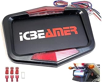 ICBEAMER Waterproof Universal Fit Most Motorcycle License Plate Frame w/ 6+ Flashing LED Tail +Brake Light [Matte Black]