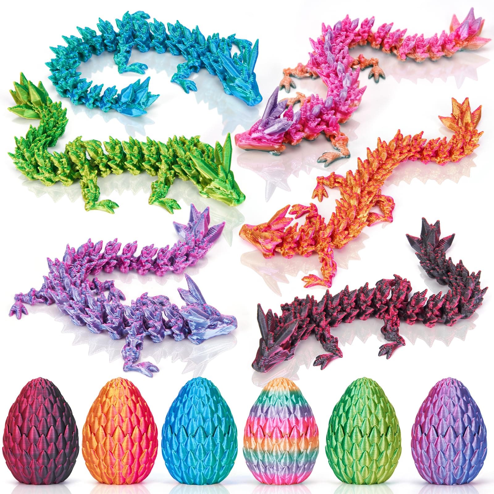 6PCS 3D Printed Dragon Eggs with Dragon Inside,Mini Easter Eggs Articulated Crystal Fidget Toys,Easter Basket Stuffers,Mystery Mythical Pieces (6PC-C)