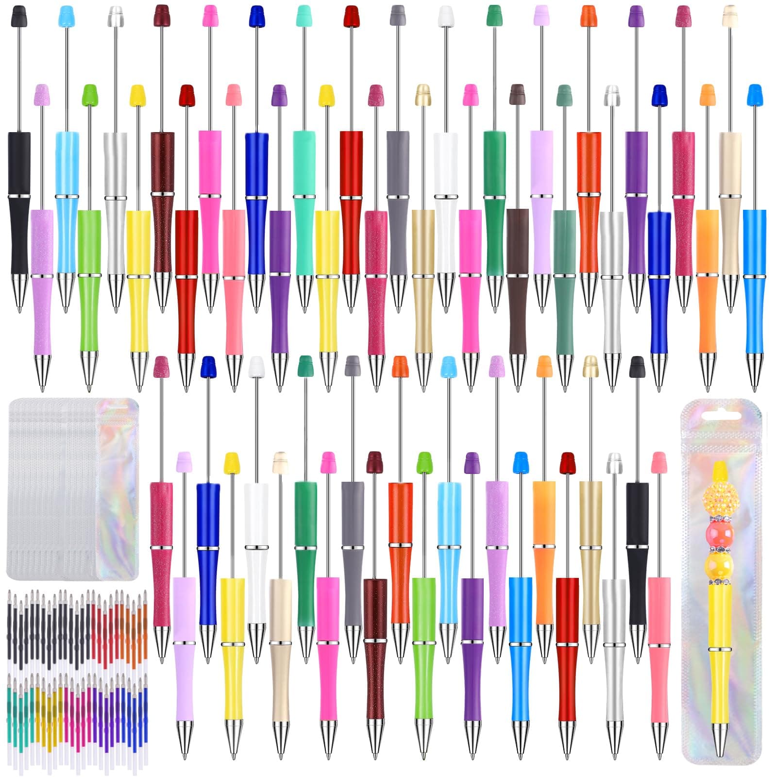 150 Pcs DIY Beadable Pen Kit Multicolor Bulk Ballpoint DIY Crafting Pens with 8 Colors Refills & Bags for Students Teens Teachers School Office Accessories Supplies