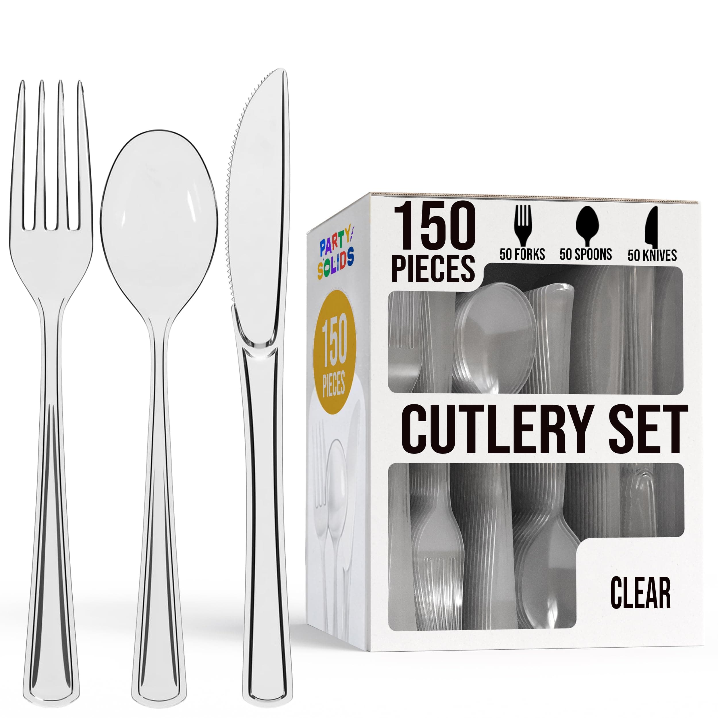 Party Solids Clear Plastic Silverware Heavy Duty 150 Pieces Clear Disposable Silverware Heavy Duty, Utensil Sets, 50 Of Each Forks, Knives & Spoons Disposable Cutlery Set For Party Supplies