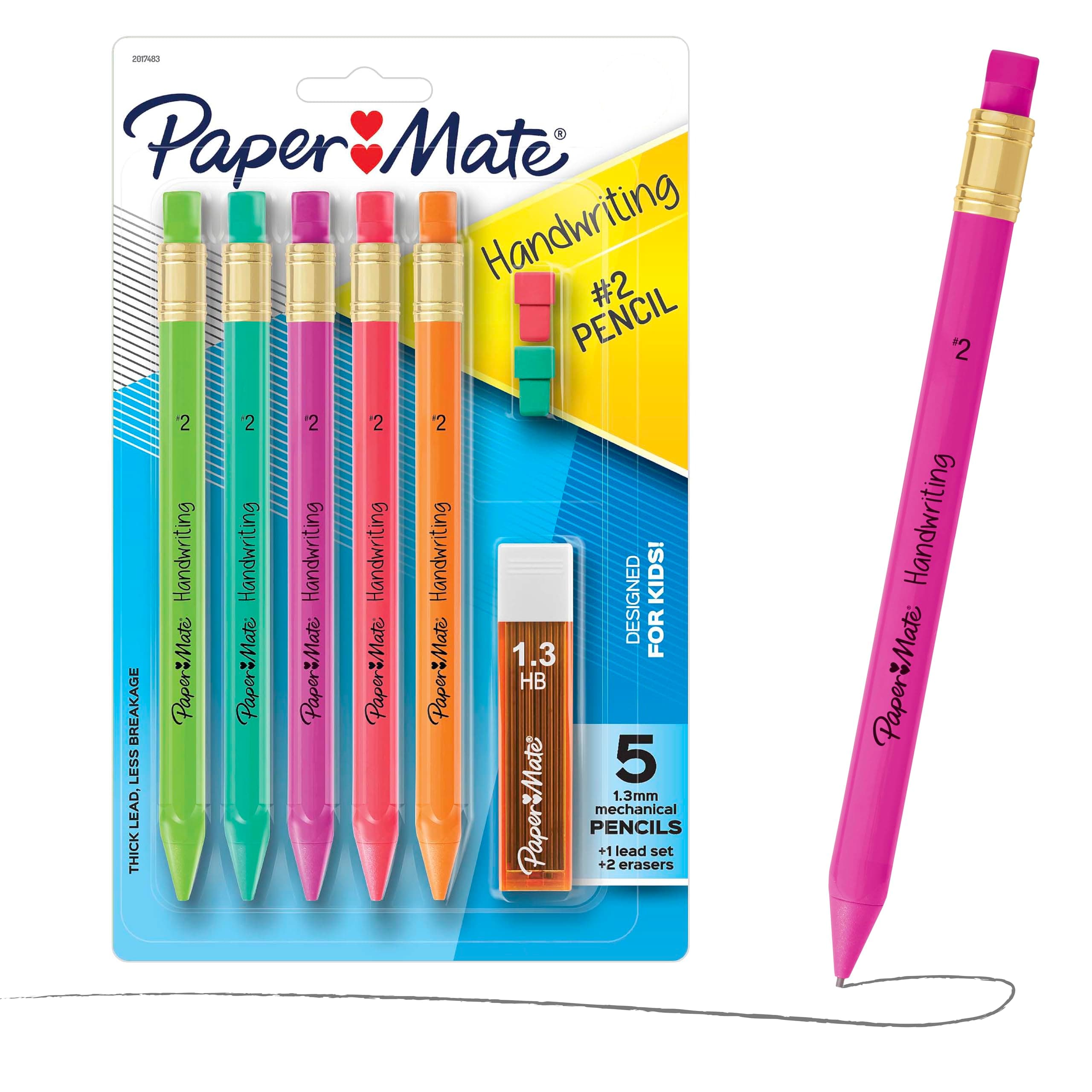 Handwriting Triangular Mechanical Pencil Set with Lead & Eraser Refills, 1.3mm, 8 Count - Back to School, Teacher Supplies, Home, Kids Writing, Fun Barrel Colors