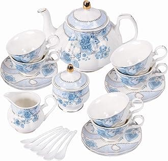 Blue Flowers Porcelain Tea Set, Tea Cup and Saucer Set Service for 6, Wedding Tea Set with Sugar Bowl Cream Pitcher, Floral Coffee Set for Tea Party