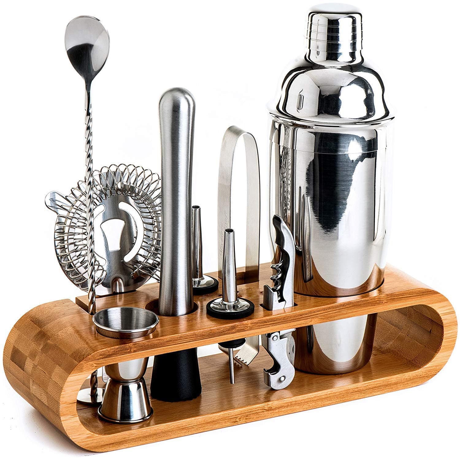 SKEIDO Bartender Kit: 11-Piece Bar Tool Set with Stylish Bamboo Stand - Perfect Home Bartending Kit and Martini Cocktail Shaker Set For an Awesome Drink Mixing Experience