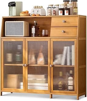 Bamboo Buffet Cabinet with Storage – Mid Century Modern Sideboard for Dining Room, Kitchen Coffee Bar, Farmhouse Buffet Table for Living Room Organization,Brown