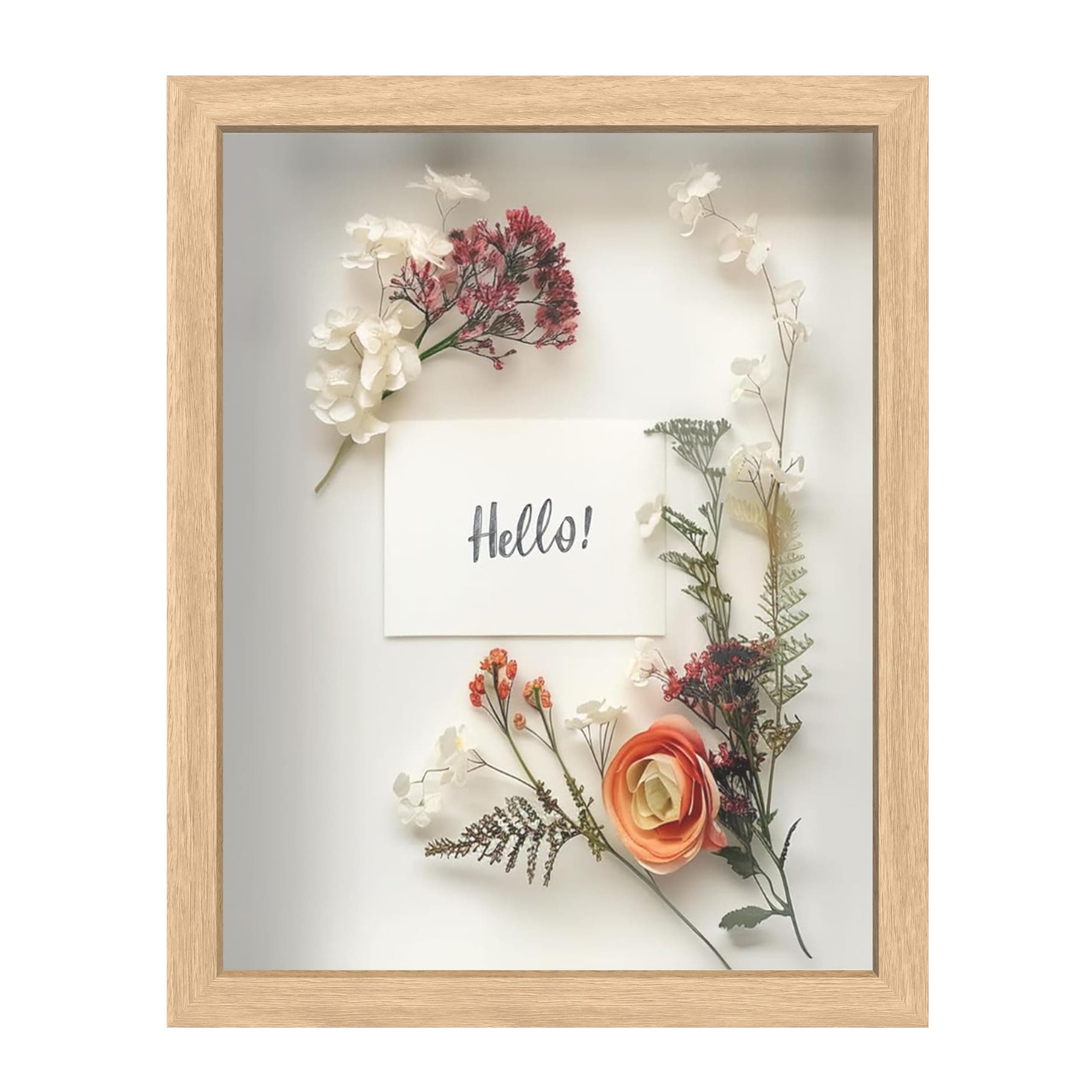 FrameWorks 11” x 14” Natural Oak Wooden Shadow Box Frame – Display Case with Soft Felt Back, Memory Box with Tempered Glass, Display Box with Elegant White Ball Push Pins, Wooden Flower Box