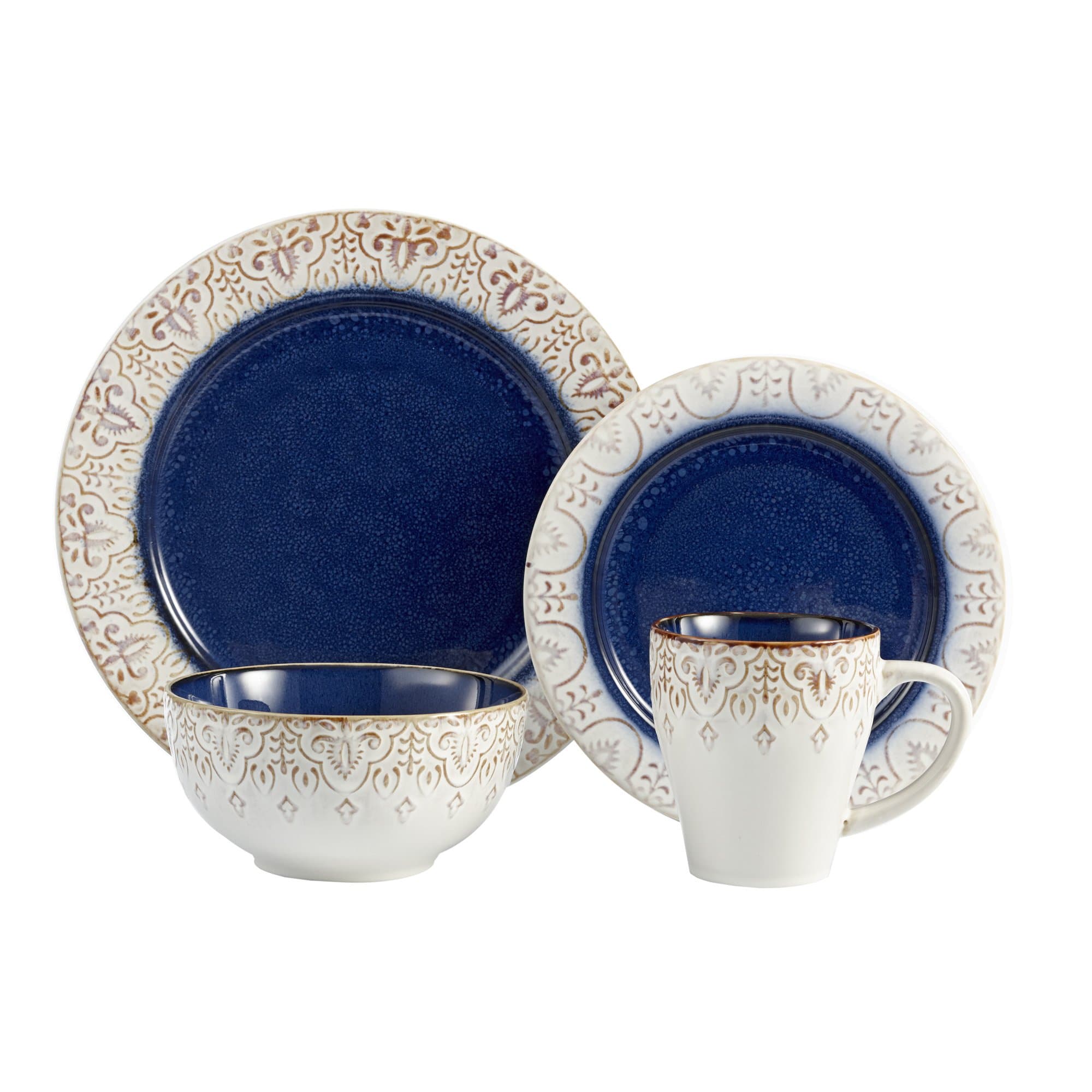Round Dinnerware Sets | Blue Kitchen Plates, Bowls, and Mugs | 16 Piece Stoneware Granada Collection | Dishwasher & Microwave Safe | Service for 4