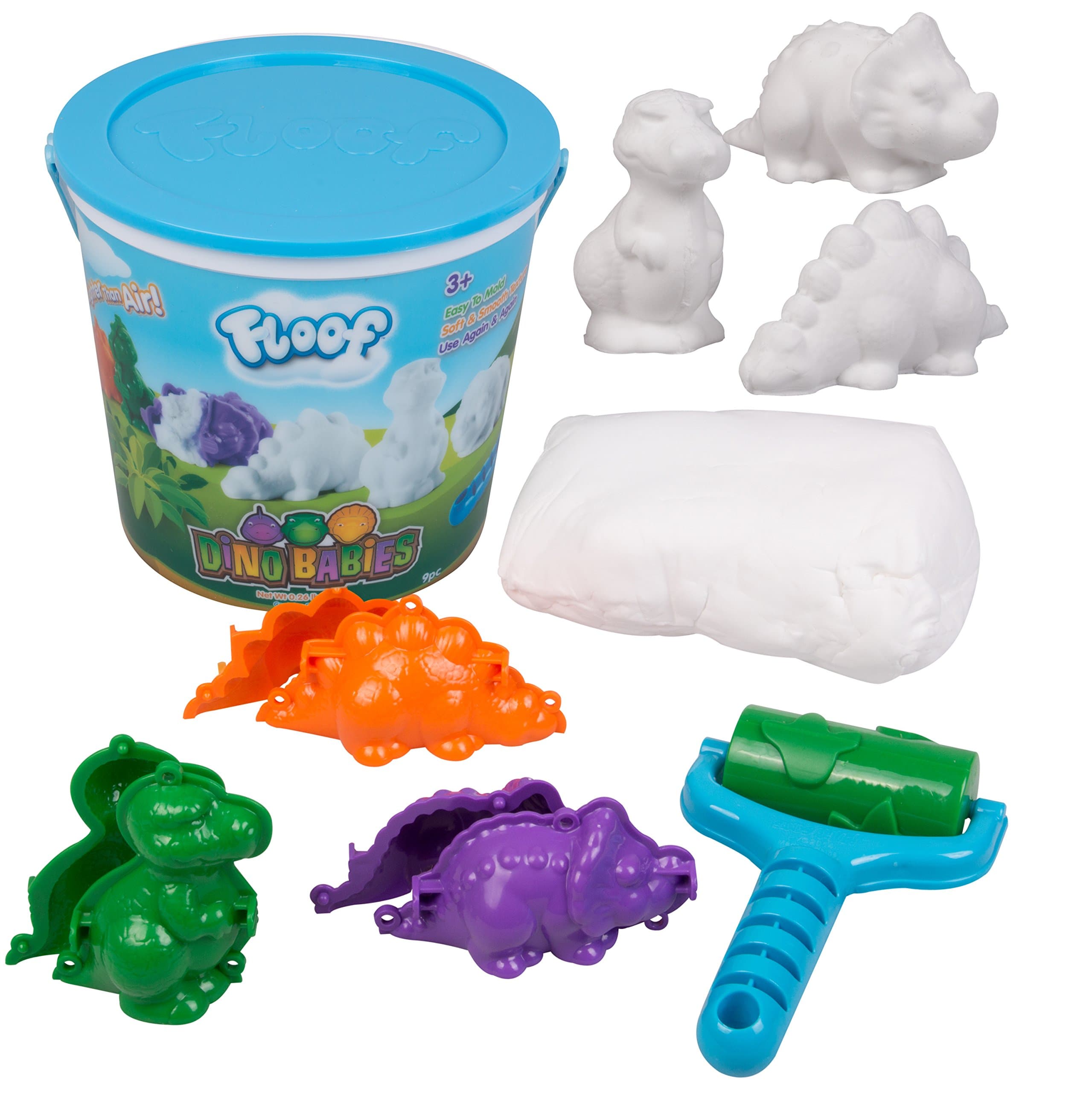 Floof Modeling Clay - Reuseable Indoor Snow - Endless Creations with 3 Dinosaur Molds and Dino Track Roller.