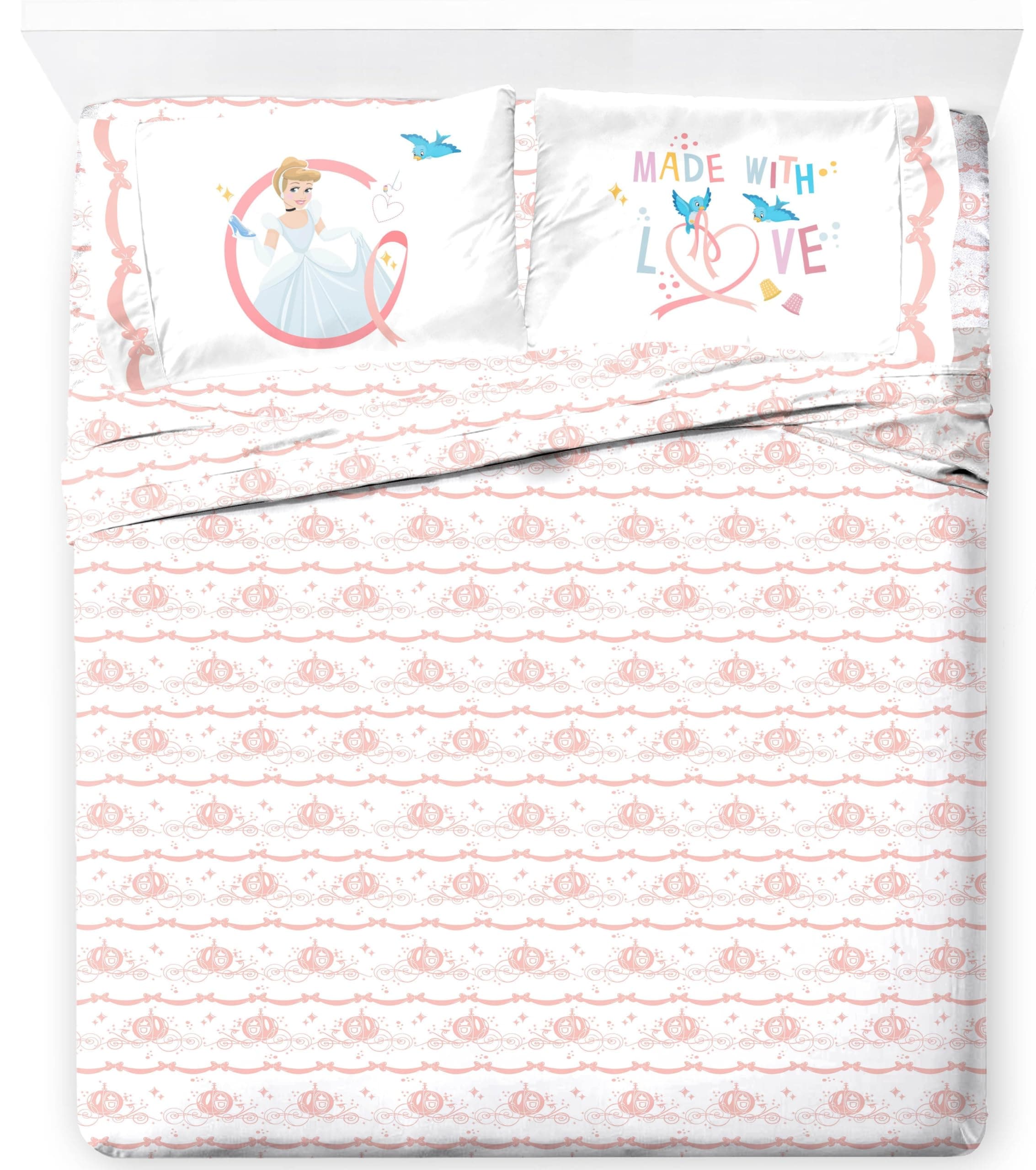 Kids Sheet Set with Fitted, Flat Sheets & Pillow Cover - Ultra-Soft Bedding with Pillowcase for Room Decor, White - Princess Cinderella, 4 Piece Queen