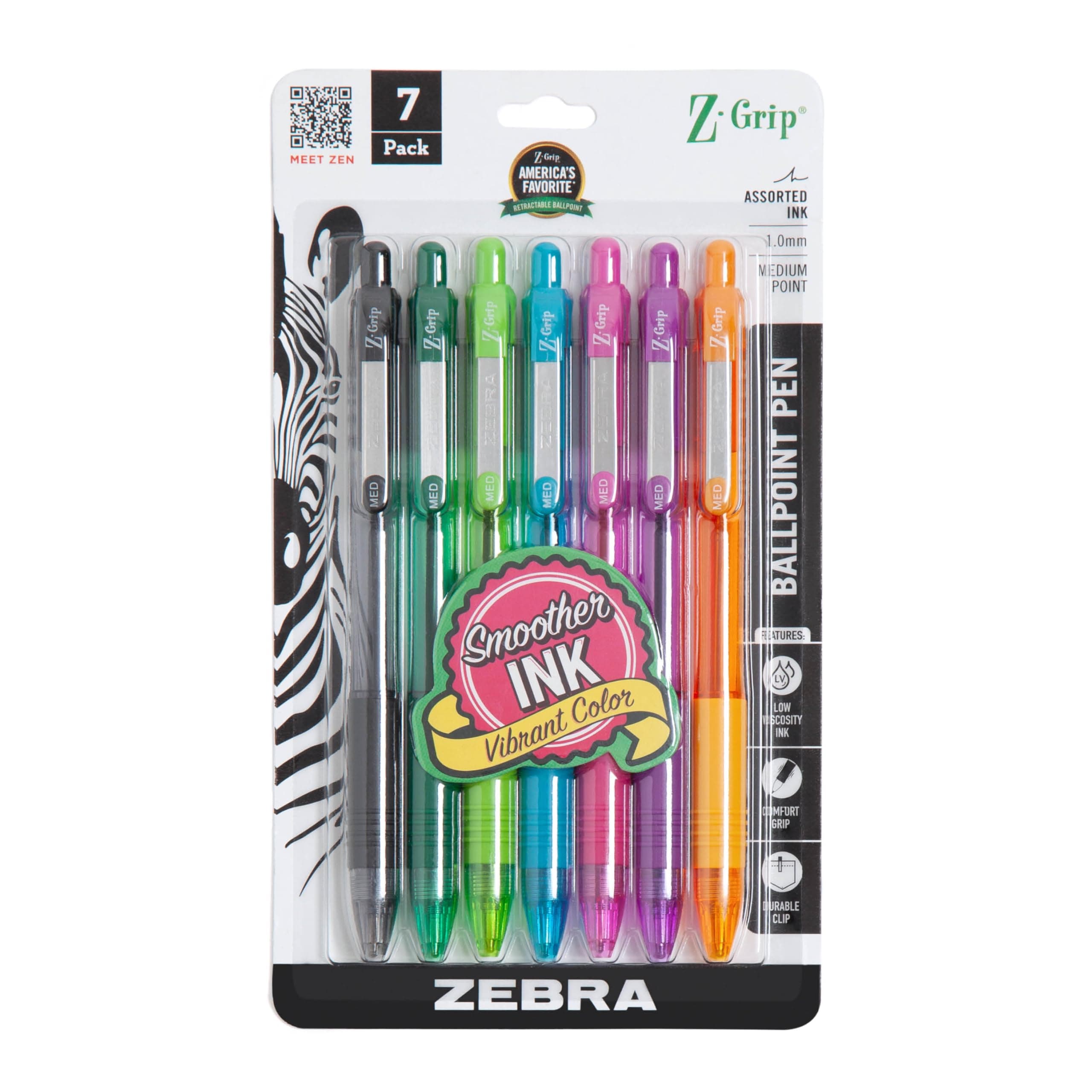 Z-Grip Retractable Ballpoint Pen, Smooth-Flowing Assorted Fashion Colors, 1.0mm Medium Point, School & Office Supplies, Ideal for Note-Taking, Journal and Planner Use, 7-Pack (22276)