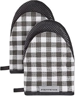 Gingham Mini Oven Mitt 2-Pack Set, Matte Black, 5.5"x8"