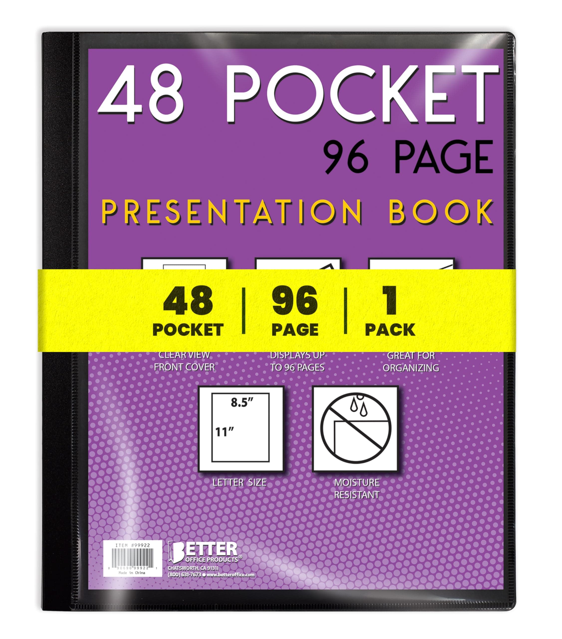 Better Office Products 48 Pocket Bound Presentation Book, with Clear View Front Cover, 96 Sheet Protector Pages, 8.5" x 11" Sheets, Art Portfolio, Durable Poly Covers, Letter Size (Black)
