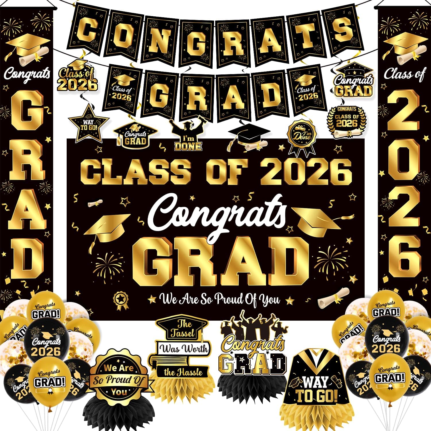 Graduation Decorations Class of 2025 Black and Gold Party Decor Set include Congrats Grad Banner Graduation Backdrop Class of 2025 Balloons Party Supplies