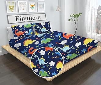 Filymore Danasour Bedsheet Made with Microfiber Wrinkle Free Soft Hypoallergenic | Floral Printed Double Bed Queen/King Size for Kids (90x90 Inches/Boys Girls Room)(Blue)